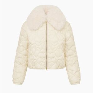 LoveShackFancy Sandria Cream Heart Quilted Puffer Jacket with Faux Fur Collar